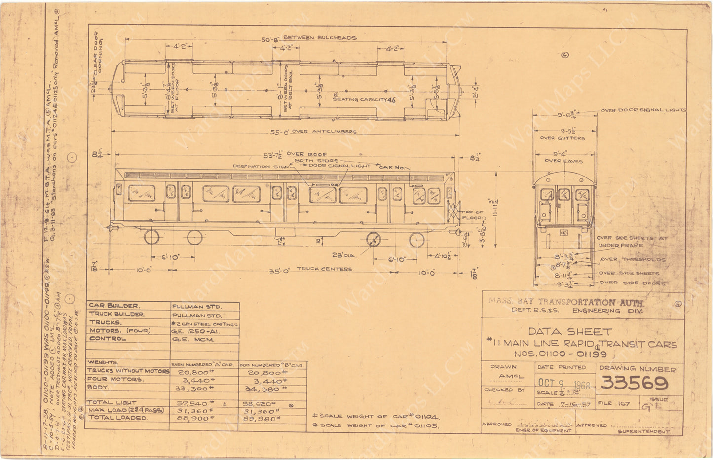 Vehicle Data Sheet 33569: MBTA Elevated Type 11 Rapid Transit Cars #01100-01199, 1964