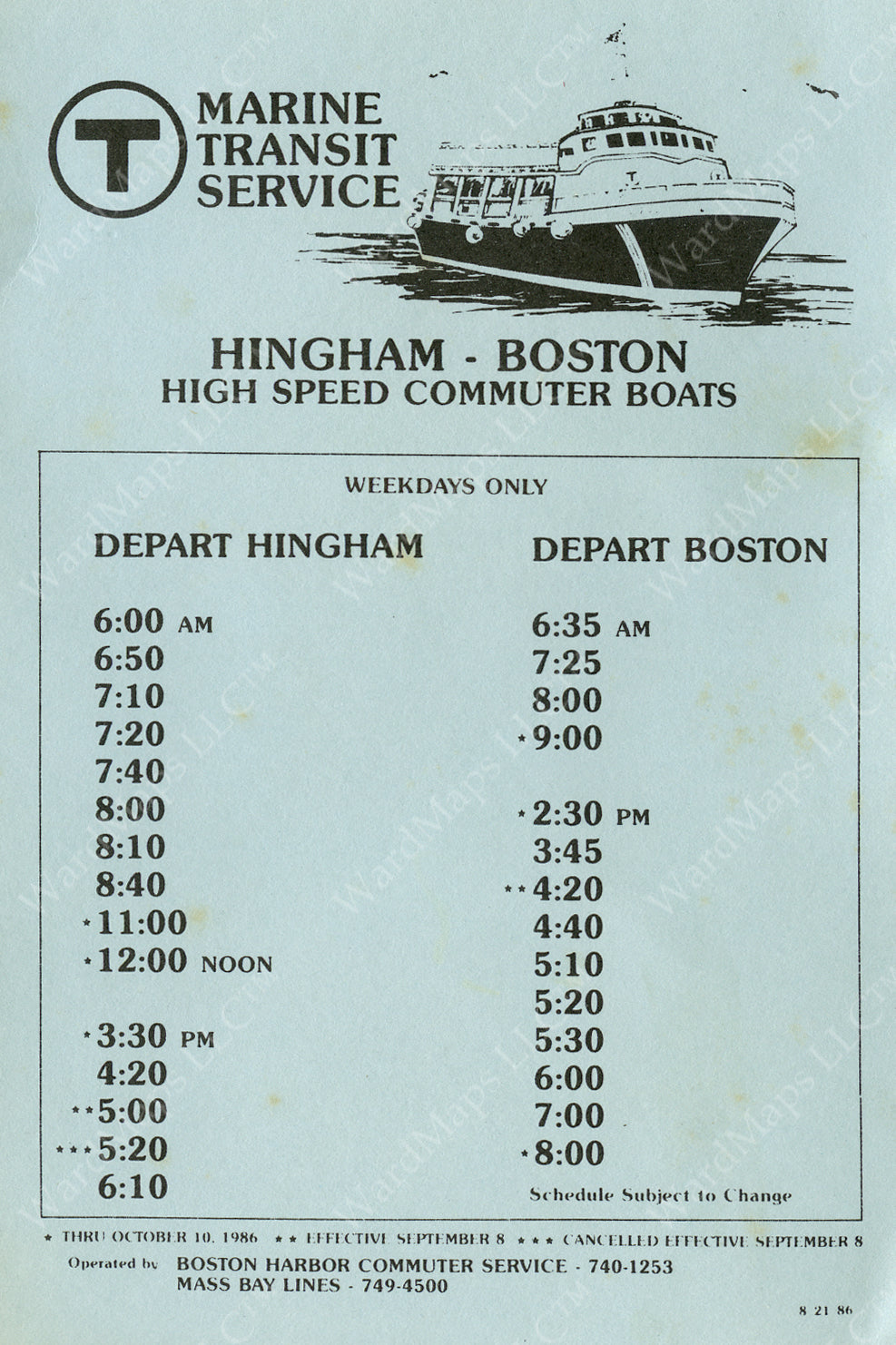 MBTA Hingham Ferry Schedule Card 1986 Boston In Transit