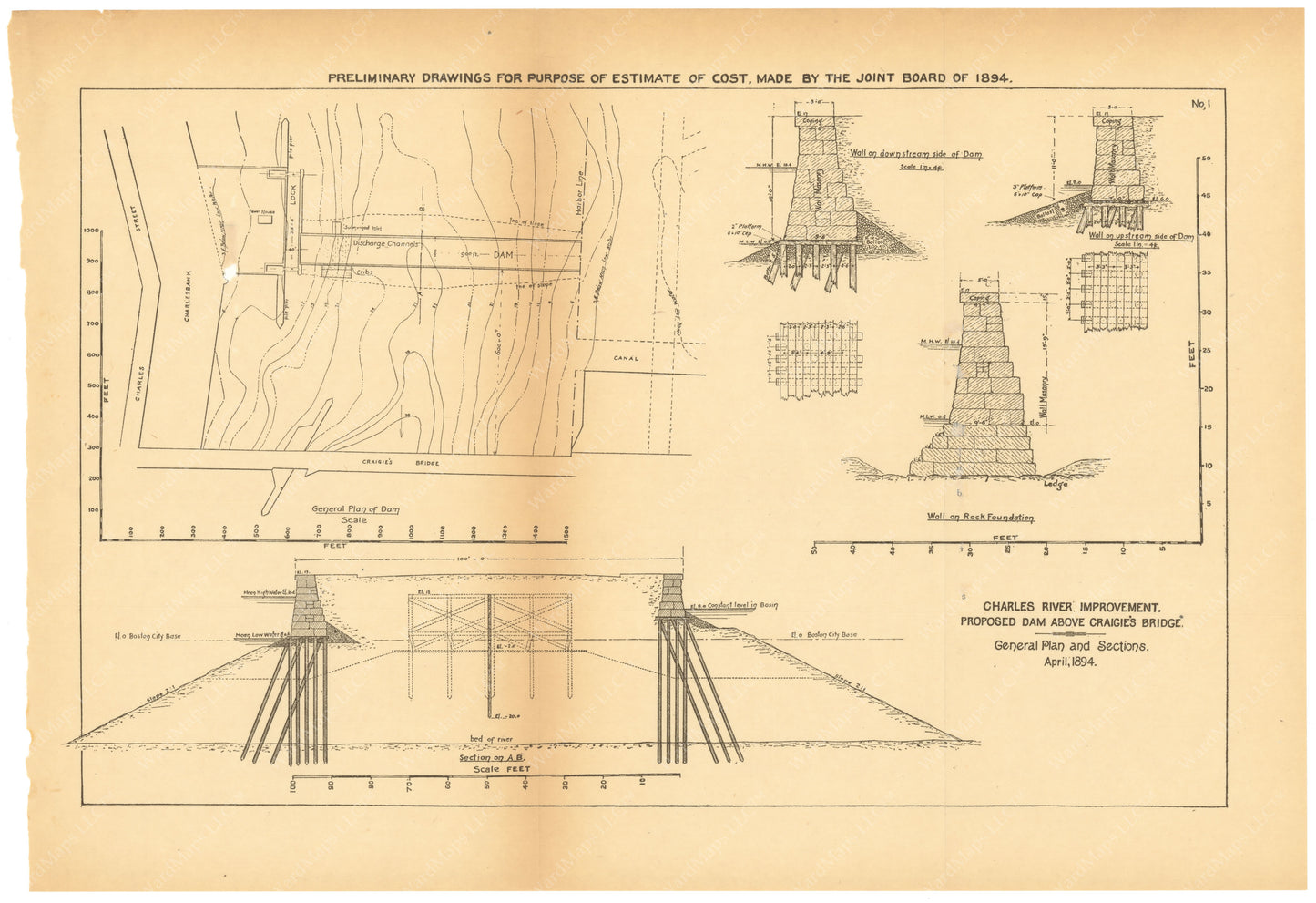 Charles River Dam Report 1903: Preliminary Drawing No 1, April 1894