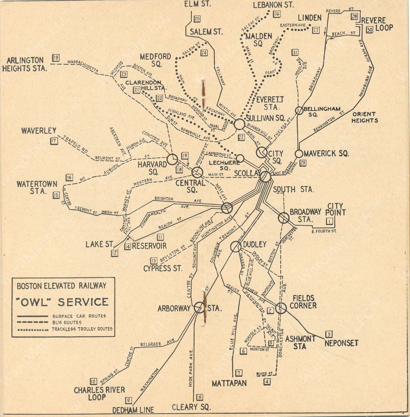 Boston Elevated Railway Night Service Map 1947